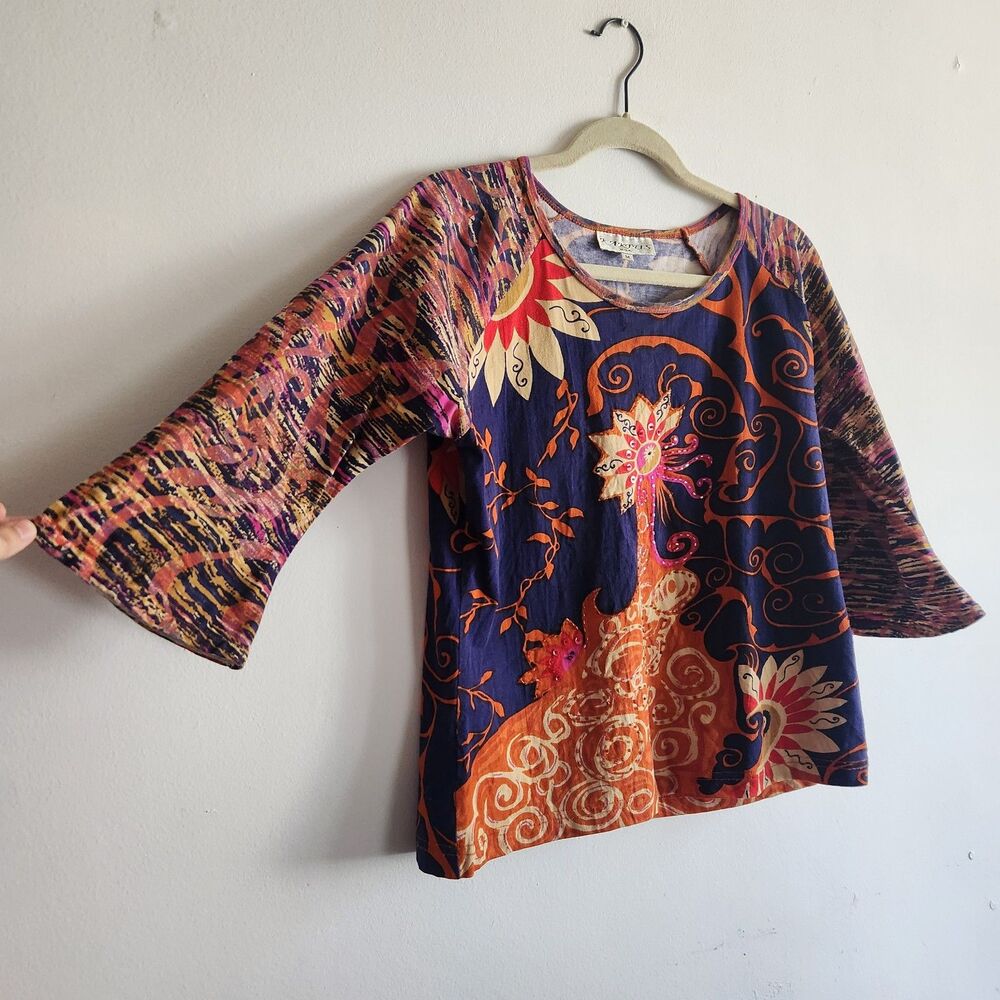 KAKTUS floral beaded M top 3/4 sleeves gypsy hippie artsy bohemian festival